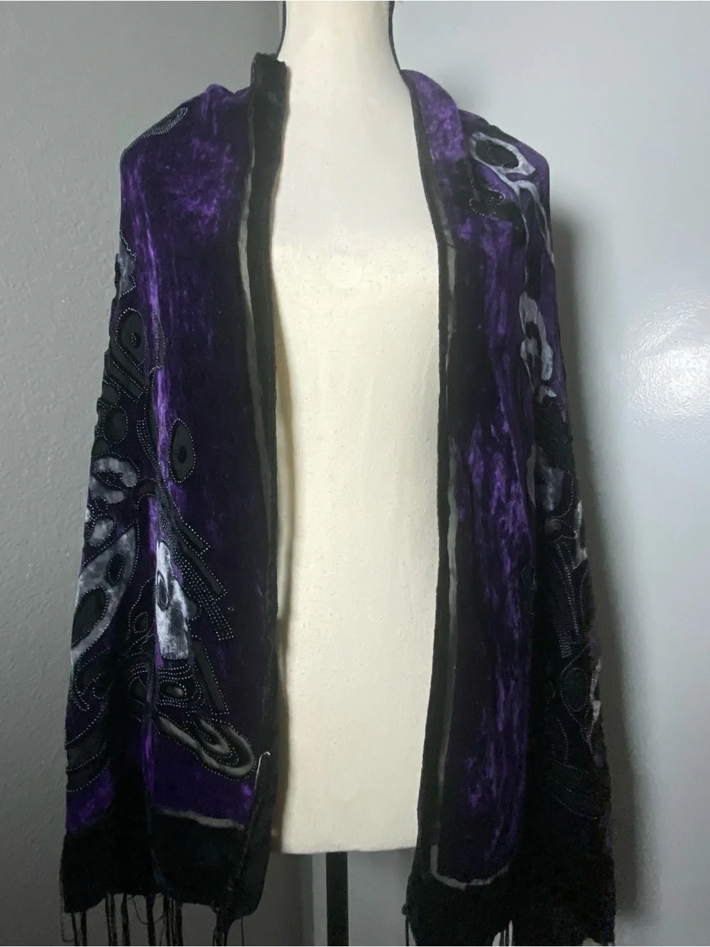 Vintage Purple & Black Velvet Floral Sheer Panel Fringe Scarf